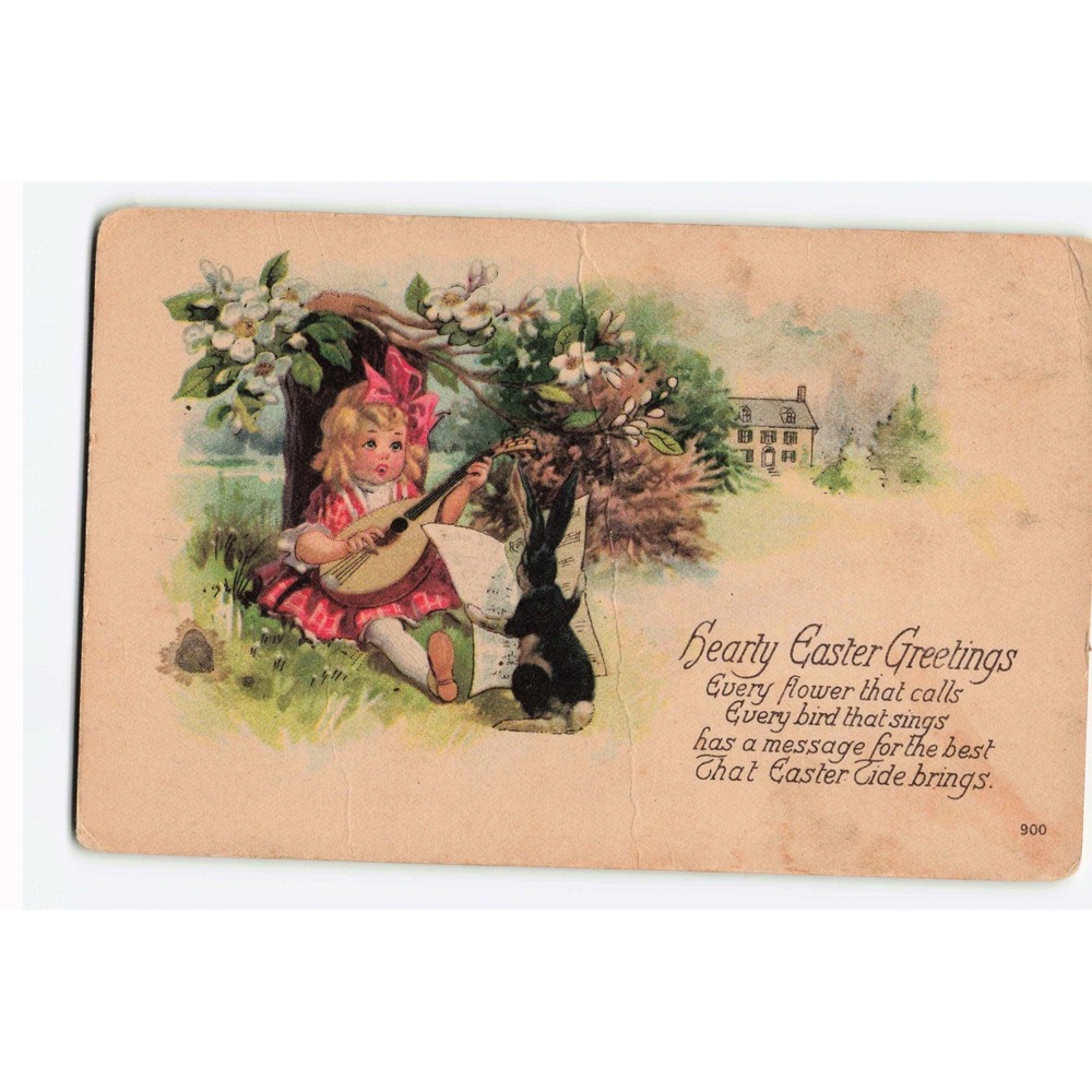 Vintage Hearty Easter Greetings Postcard Girl Playing Lute for Rabbit 900